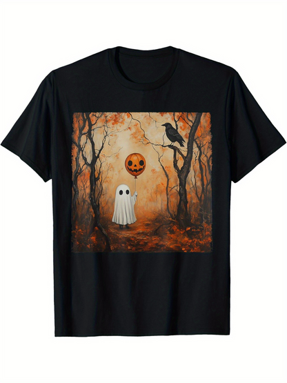 Men's Graphic T-Shirt Spooky Autumn Forest Among Ghost Shadows With Pumpkin Lantern And Perched Crow