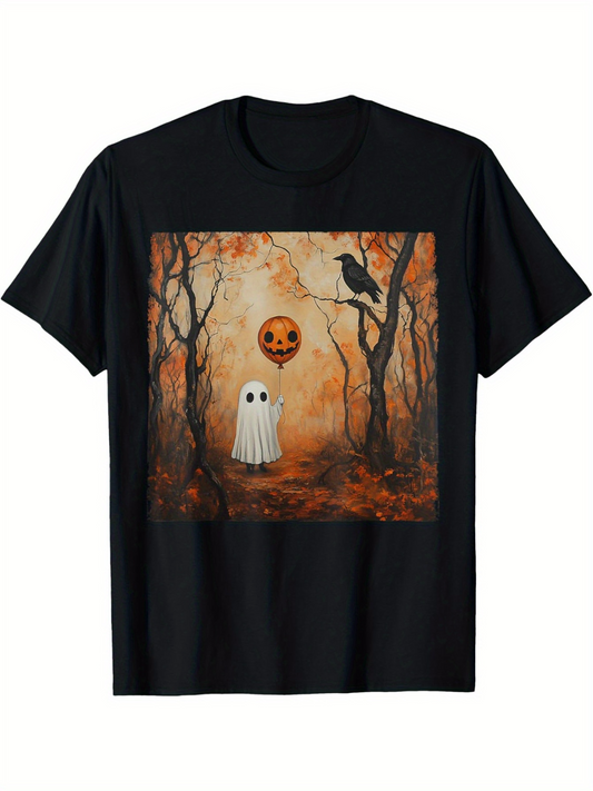 Men's Graphic T-Shirt Spooky Autumn Forest Among Ghost Shadows With Pumpkin Lantern And Perched Crow