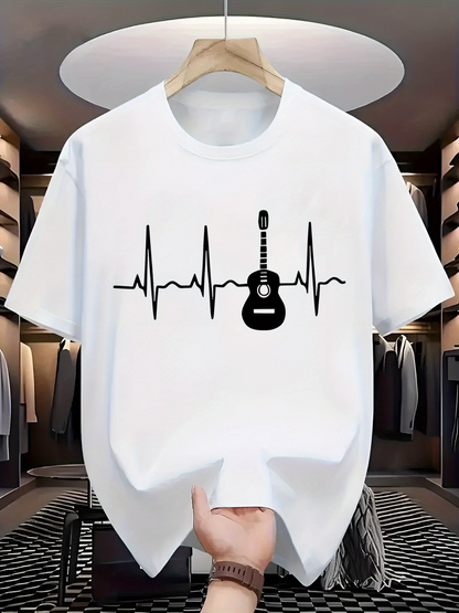 Men's Graphic T-Shirt Heartbeat Rhythm Line With Black Guitar Silhouette Design