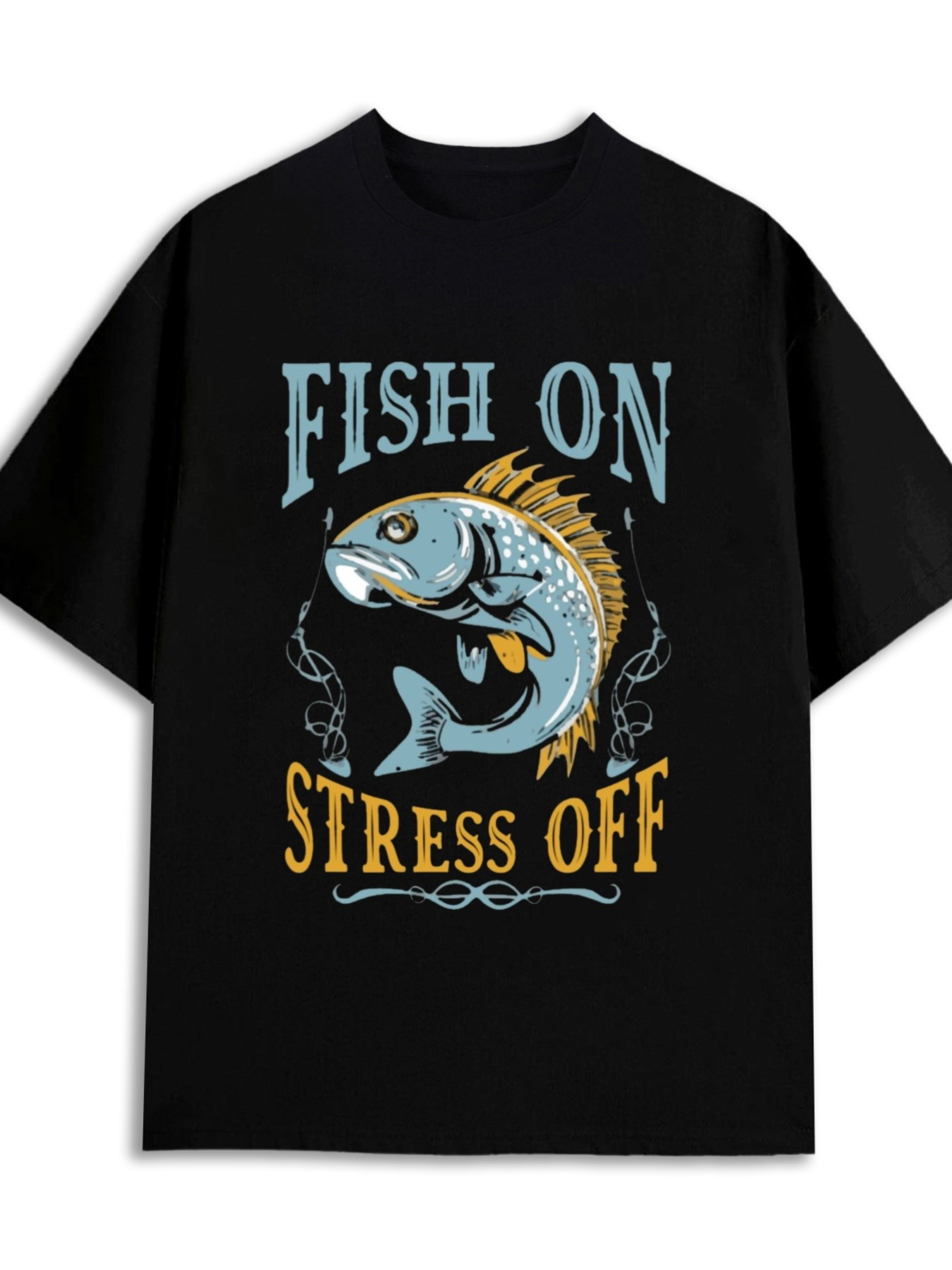 Men's Graphic T-Shirt Fish On Stress Off With Dynamic Splash Colorful Jumping Fish