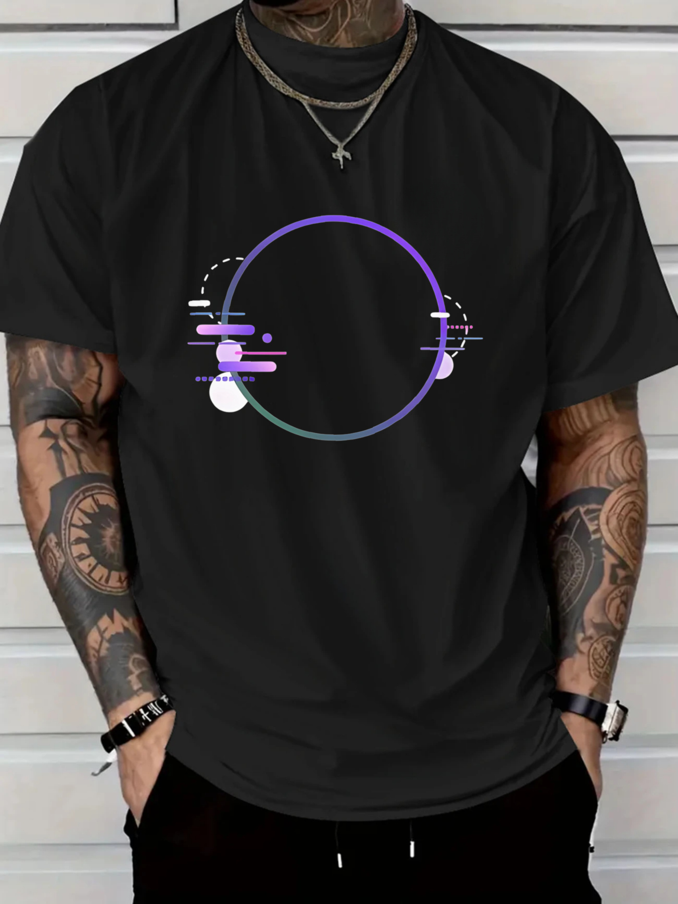Men's Graphic T-Shirt Gradient Neon Lines And Spheres Orbiting Around Abstract Circle