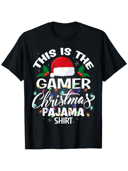 Men's Graphic T-Shirt This Is The Gamer Christmas Pajama Shirt Festive Lights With Santa Hat And Christmas Decor