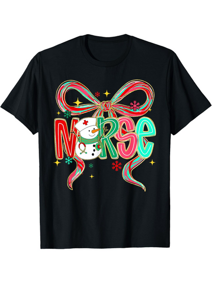 Men's Graphic T-Shirt Snowman With Nurse Theme Festive Ribbon Winter Bow