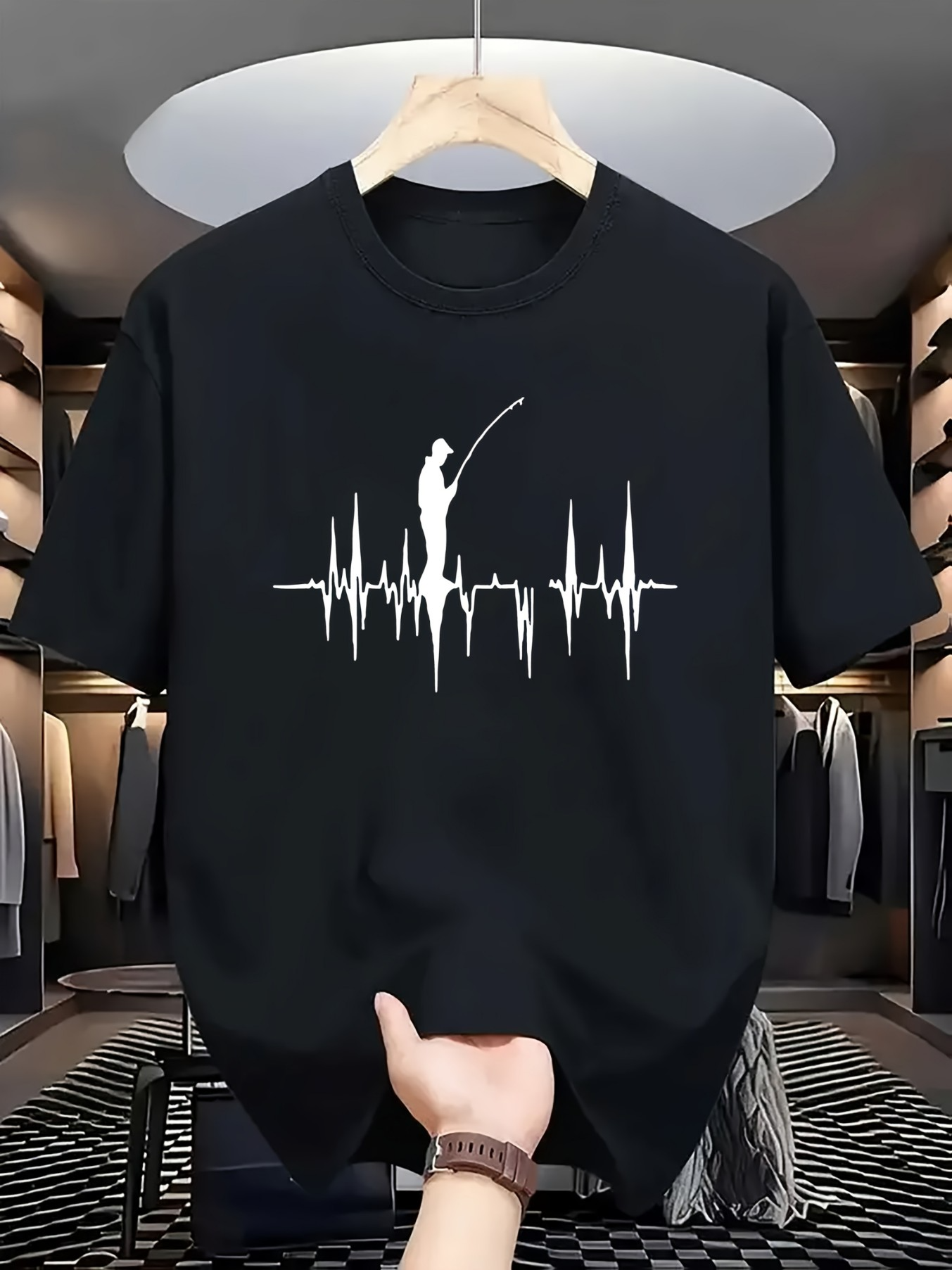 Men's Graphic T-Shirt Heartbeat Waveform With Fisherman And Fishing Rod Graphic Fisherman