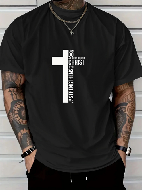 Men's Graphic T-Shirt Lettering Cross With Inspirational Religious Faith Words