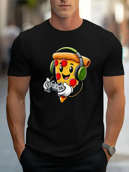 Men's Graphic T-Shirt Cheerful Pizza Slice With Headphones Featuring A Game Controller