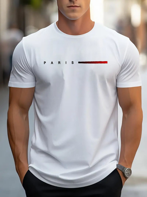 Men's Graphic T-Shirt Paris Minimalist Lettering And Red Black Stripe Graphic T Shirt