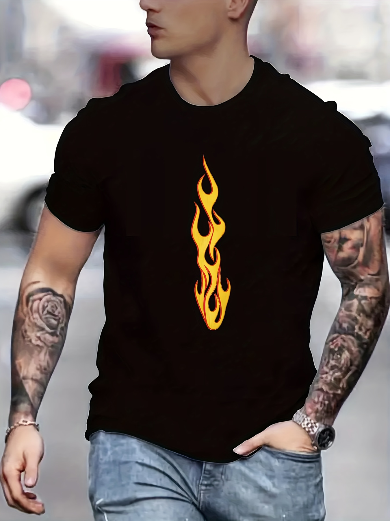 Men's Graphic T-Shirt Fiery Yellow Flames Burning Under Evening Skies Central Flame Graphic