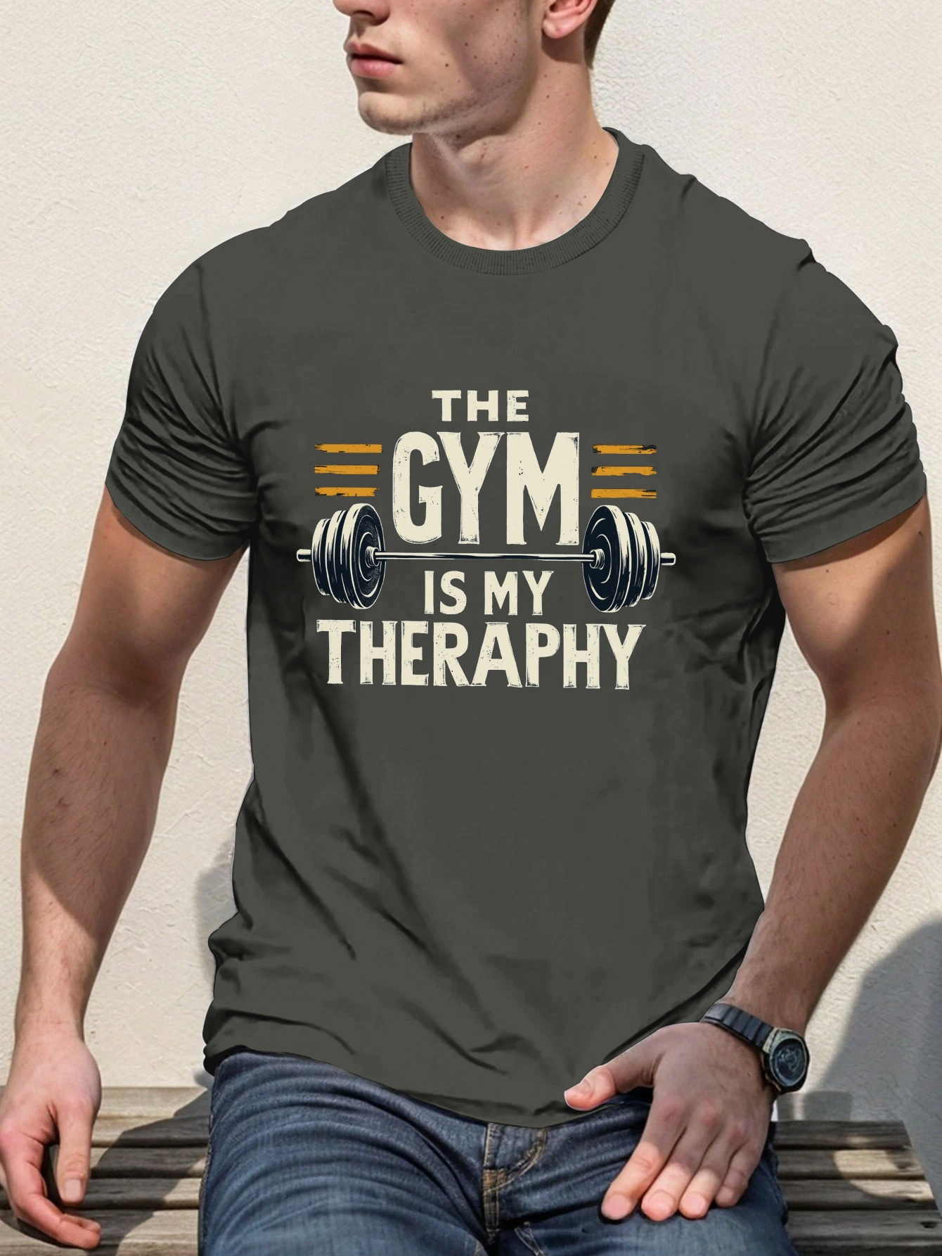 Men's Graphic T-Shirt The Gym Is My Theraphy Barbell Design With Dynamic Graphic Elements