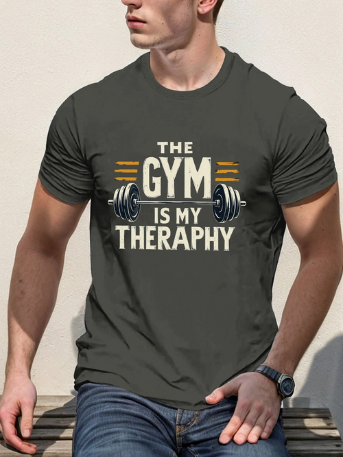 Men's Graphic T-Shirt The Gym Is My Theraphy Barbell Design With Dynamic Graphic Elements