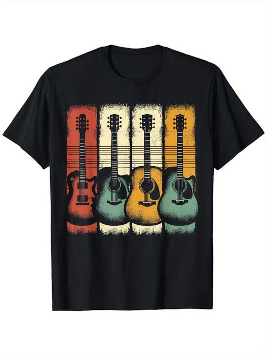 Men's Graphic T-Shirt Retro Colors With Vertical Stripes And Vintage Acoustic Guitars