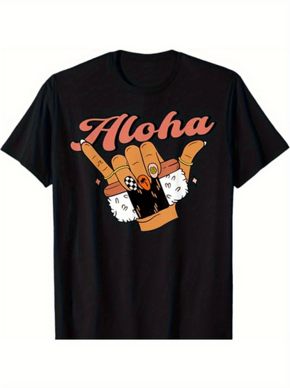 Men's Graphic T-Shirt Aloha Cartoon Food Fingers With Sushi Pieces Holding Black Hand
