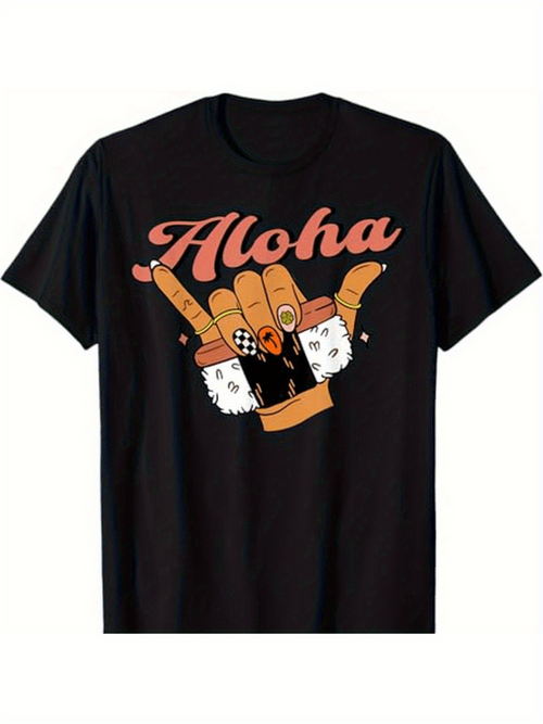 Men's Graphic T-Shirt Aloha Cartoon Food Fingers With Sushi Pieces Holding Black Hand