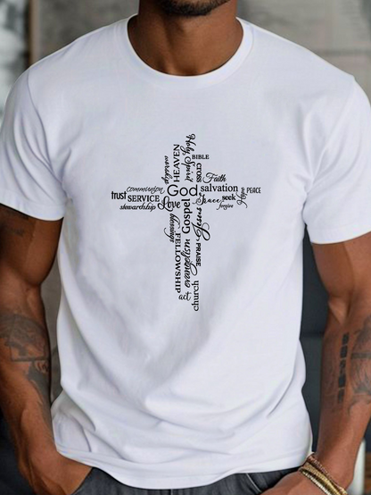 Men's Graphic T-Shirt Faith Words In Cross Silhouette With Inspirational Christian Lettering