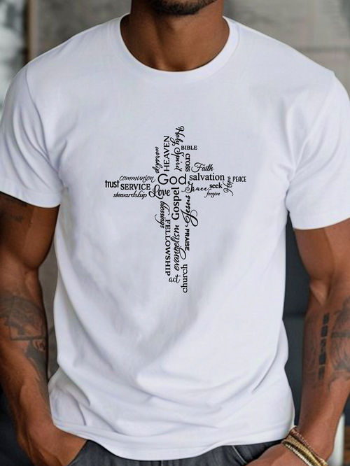 Men's Graphic T-Shirt Faith Words In Cross Silhouette With Inspirational Christian Lettering
