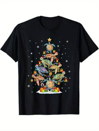 Men's Graphic T-Shirt Colorful Ocean Turtles Gathered Around Christmas Tree