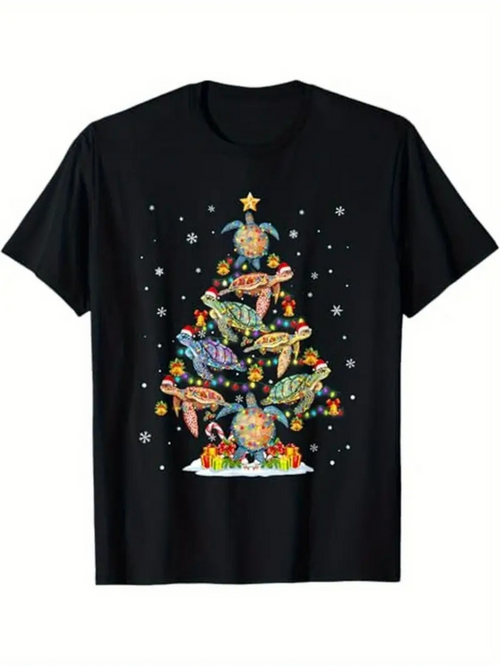 Men's Graphic T-Shirt Colorful Ocean Turtles Gathered Around Christmas Tree