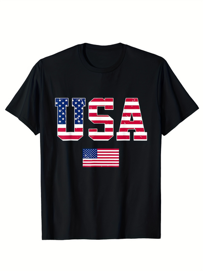 Men's Graphic T-Shirt USA Bold Letters With American Flag Motif Centered On Black T Shirt