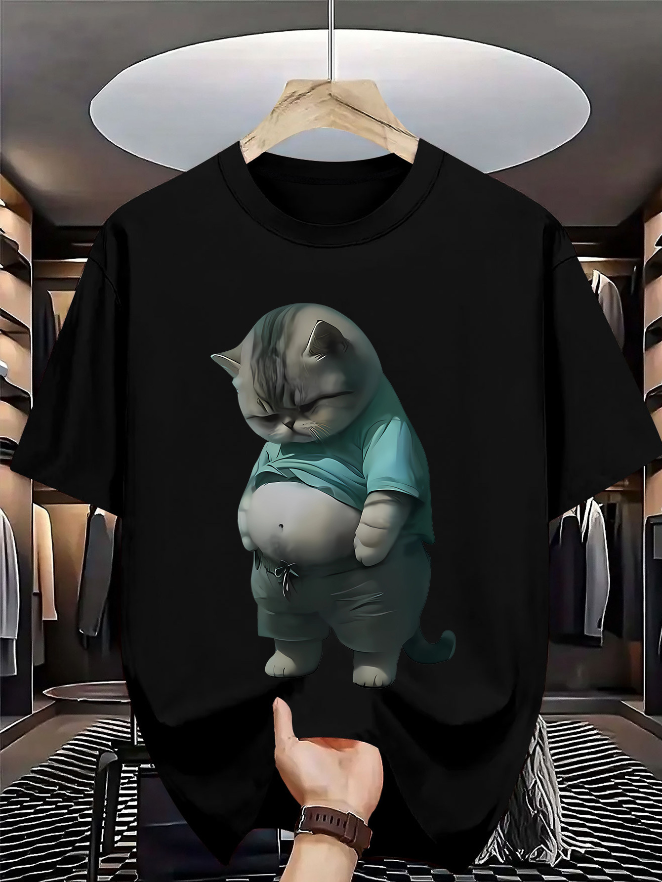 Men's Graphic T-Shirt Chubby Cat In Blue Shirt Standing With Curious Eyes Cat