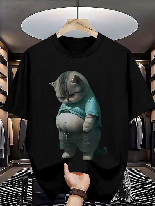 Men's Graphic T-Shirt Chubby Cat In Blue Shirt Standing With Curious Eyes Cat