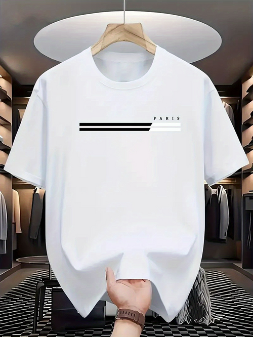 Men's Graphic T-Shirt Paris Elegant Black Stripes In Minimalist White Space Shirt