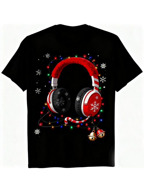 Men's Graphic T-Shirt Festive Christmas Lights And Bells Surrounding Cozy Red Headphones