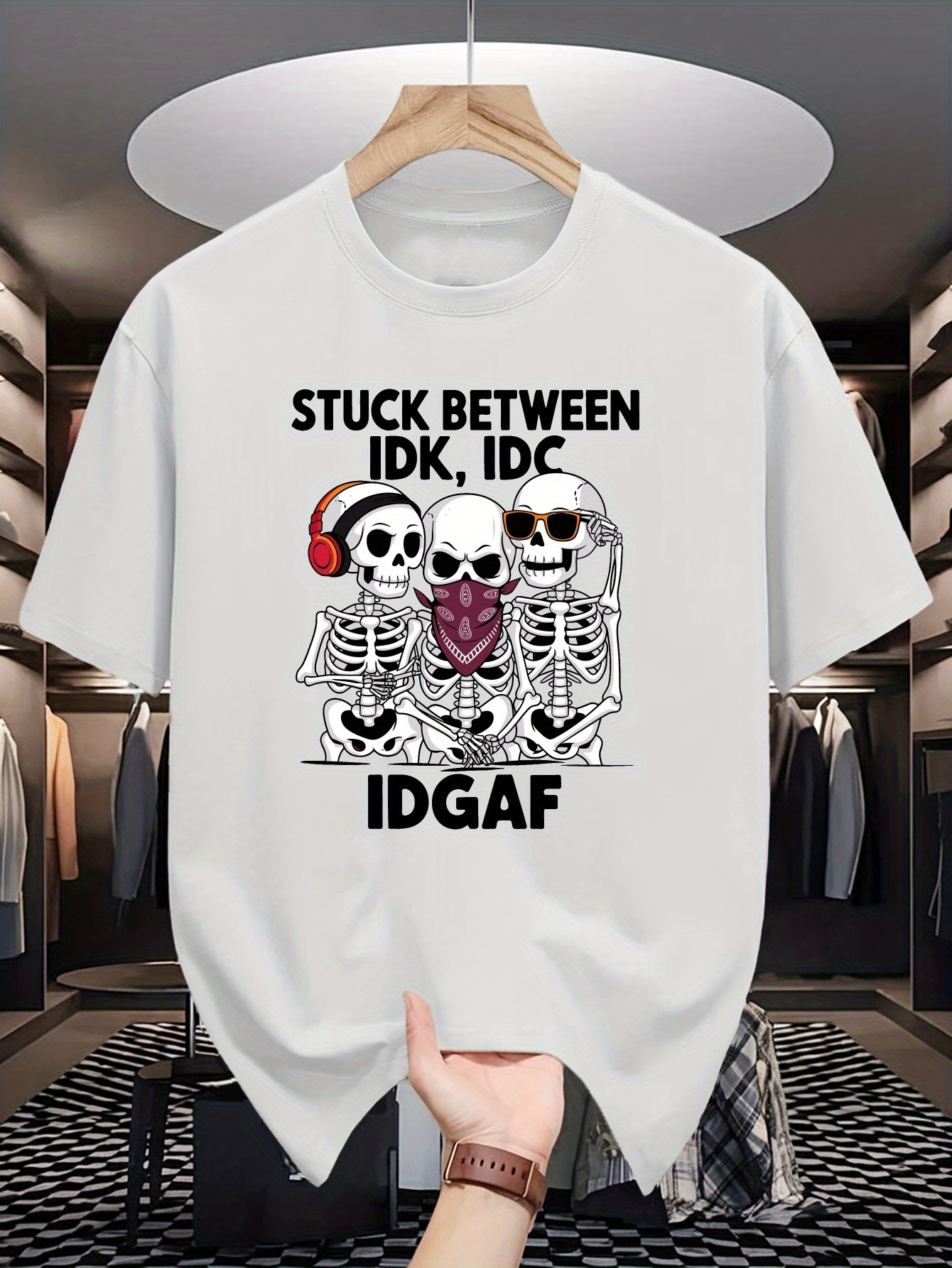 Men's Graphic T-Shirt Stuck Between Idk Idc Idgaf Skeletons Sitting With Red Headphones And Sunglasses
