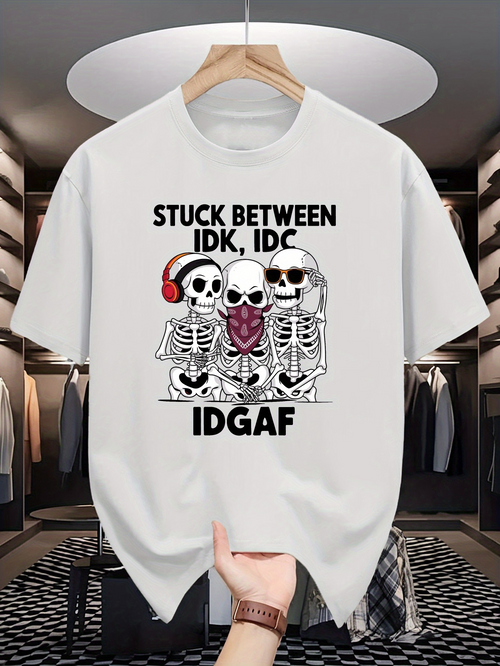Men's Graphic T-Shirt Stuck Between Idk Idc Idgaf Skeletons Sitting With Red Headphones And Sunglasses