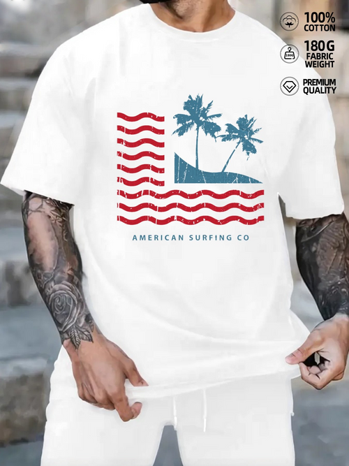 Men's Graphic T-Shirt American Surfing Co Blue Palms Over Waves With Summer Breeze Beach