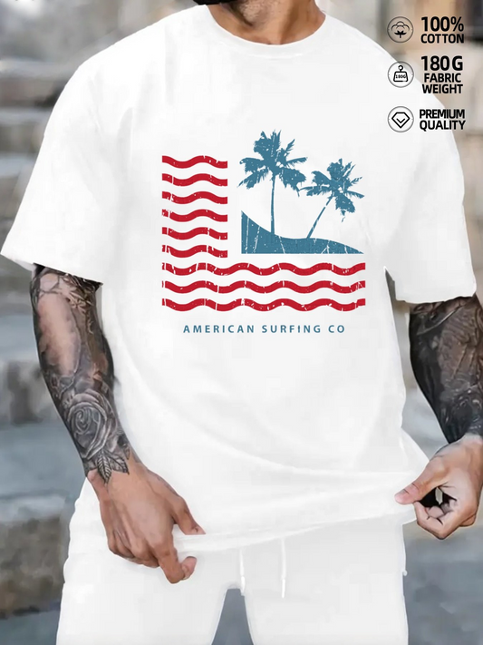 Men's Graphic T-Shirt American Surfing Co Blue Palms Over Waves With Summer Breeze Beach