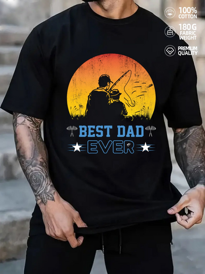 Men's Graphic T-Shirt Best Dad Ever Fishing At Sunset With Silhouetted Trees