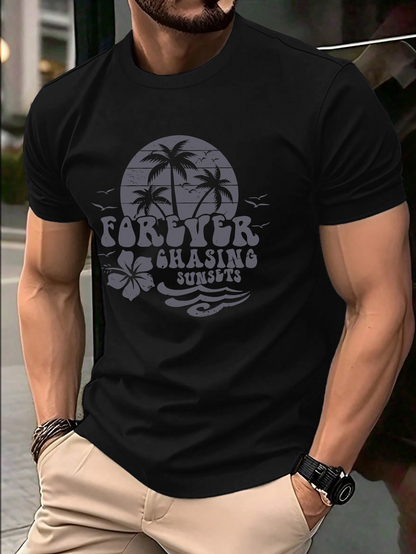 Men's Graphic T-Shirt Forever Chasing Sunsets Tropical Palm Trees Under Setting Sun