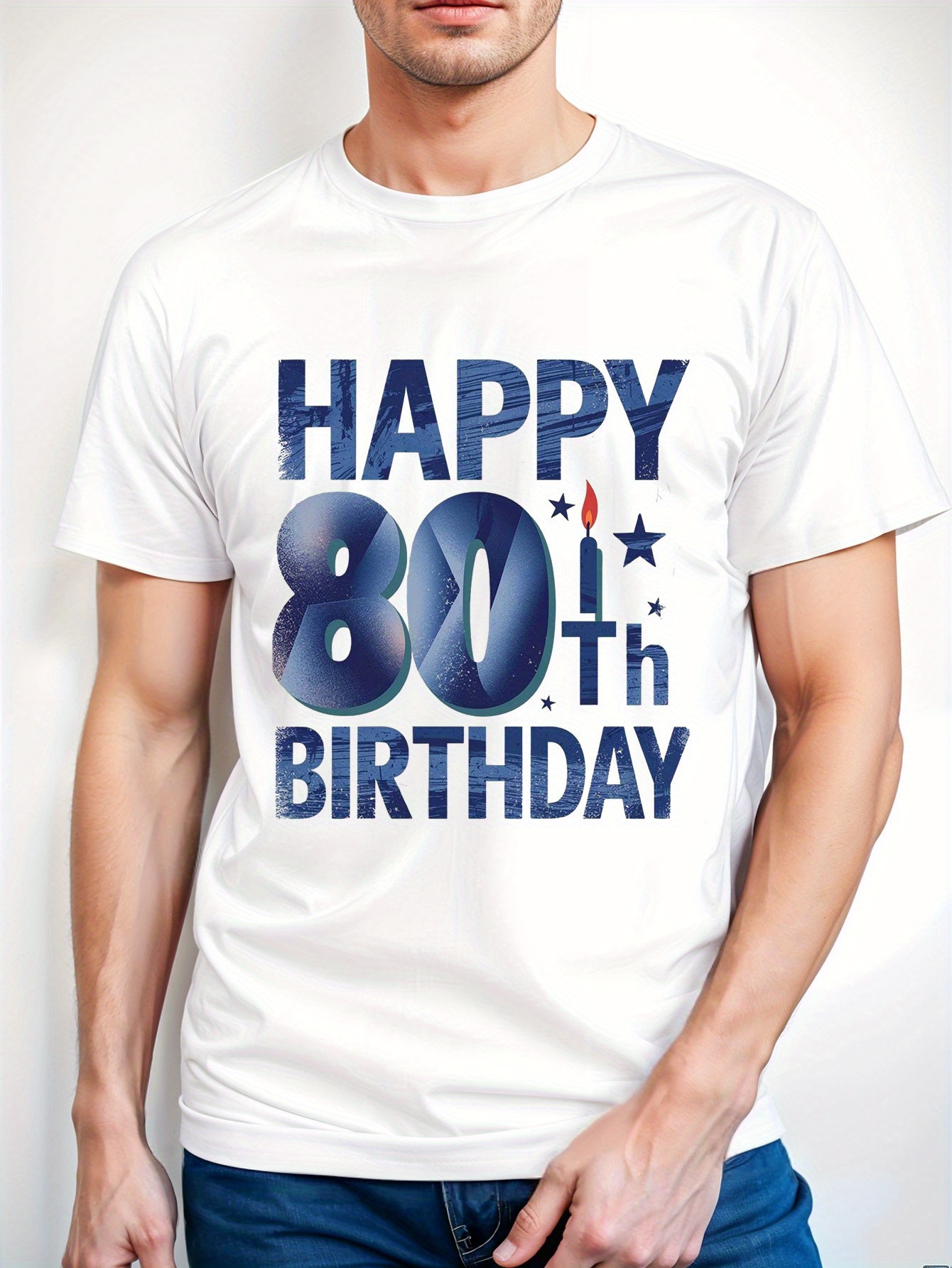 Men's Graphic T-Shirt Happy 80th Birthday Blue Metallic Party Candle Graphic Birthday