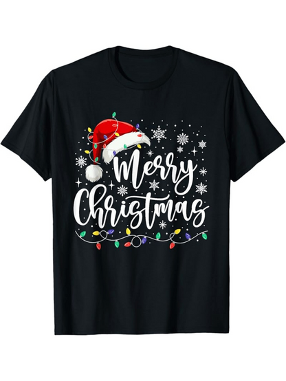 Men's Graphic T-Shirt Merry Christmas Holiday Lights With Santa Hat Snowfalls And Snowflakes