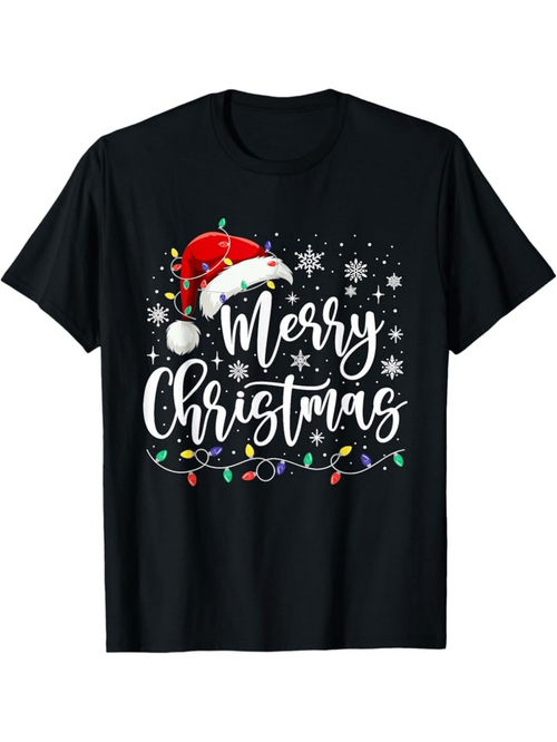 Men's Graphic T-Shirt Merry Christmas Holiday Lights With Santa Hat Snowfalls And Snowflakes