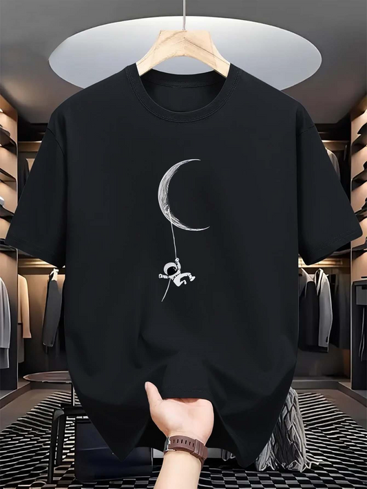Men's Graphic T-Shirt Silver Crescent Moon With Hanging Ribbon On Black T Shirt