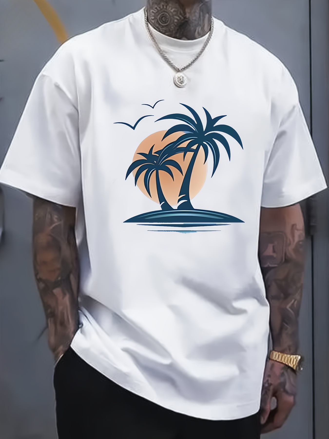 Men's Graphic T-Shirt Sunset Beach Scene With Palm Trees Birds And Distant Horizon
