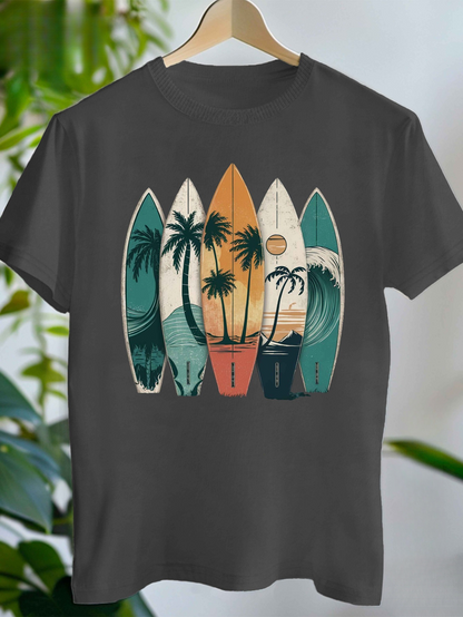 Men's Graphic T-Shirt Palm Trees Beach Sunset With Ocean Waves And Surfboards