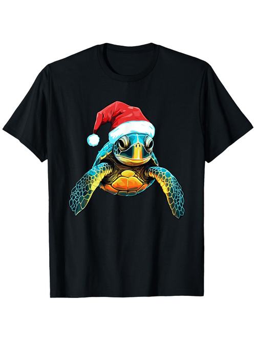 Men's Graphic T-Shirt Christmas Holiday Sea Turtle Wearing A Santa Hat Under Festive Lights Turtle
