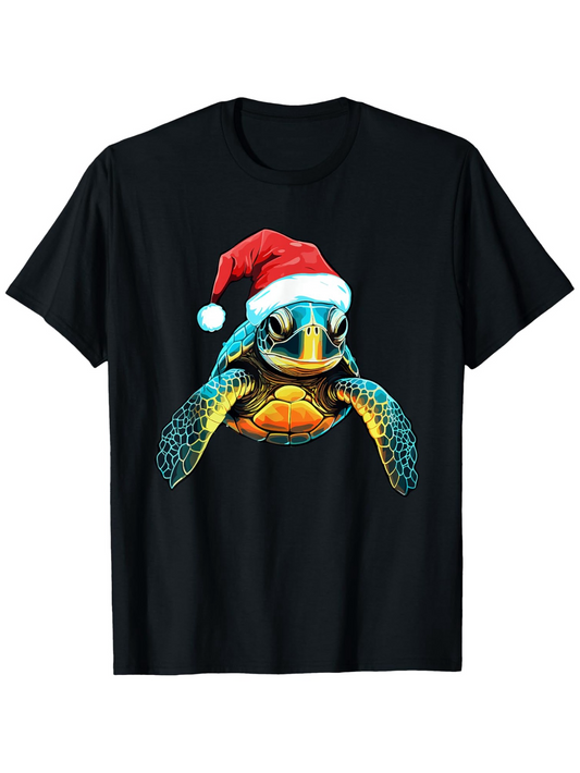 Men's Graphic T-Shirt Christmas Holiday Sea Turtle Wearing A Santa Hat Under Festive Lights Turtle