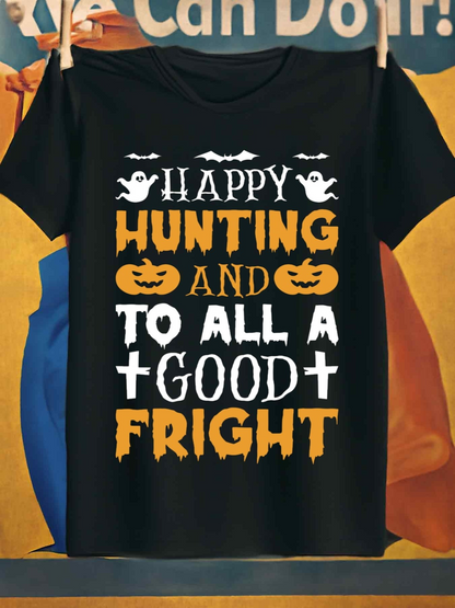 Men's Graphic T-Shirt Happy Hunting And To All A Good Fright Festive Pumpkins And Spooky Flying Ghosts Tee