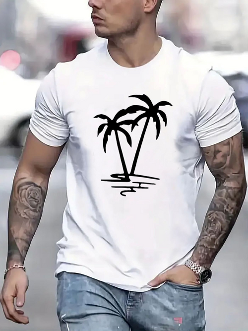 Men's Graphic T-Shirt Shaded Reflections With Palm Trees Across Silver Tranquil Sand Beach
