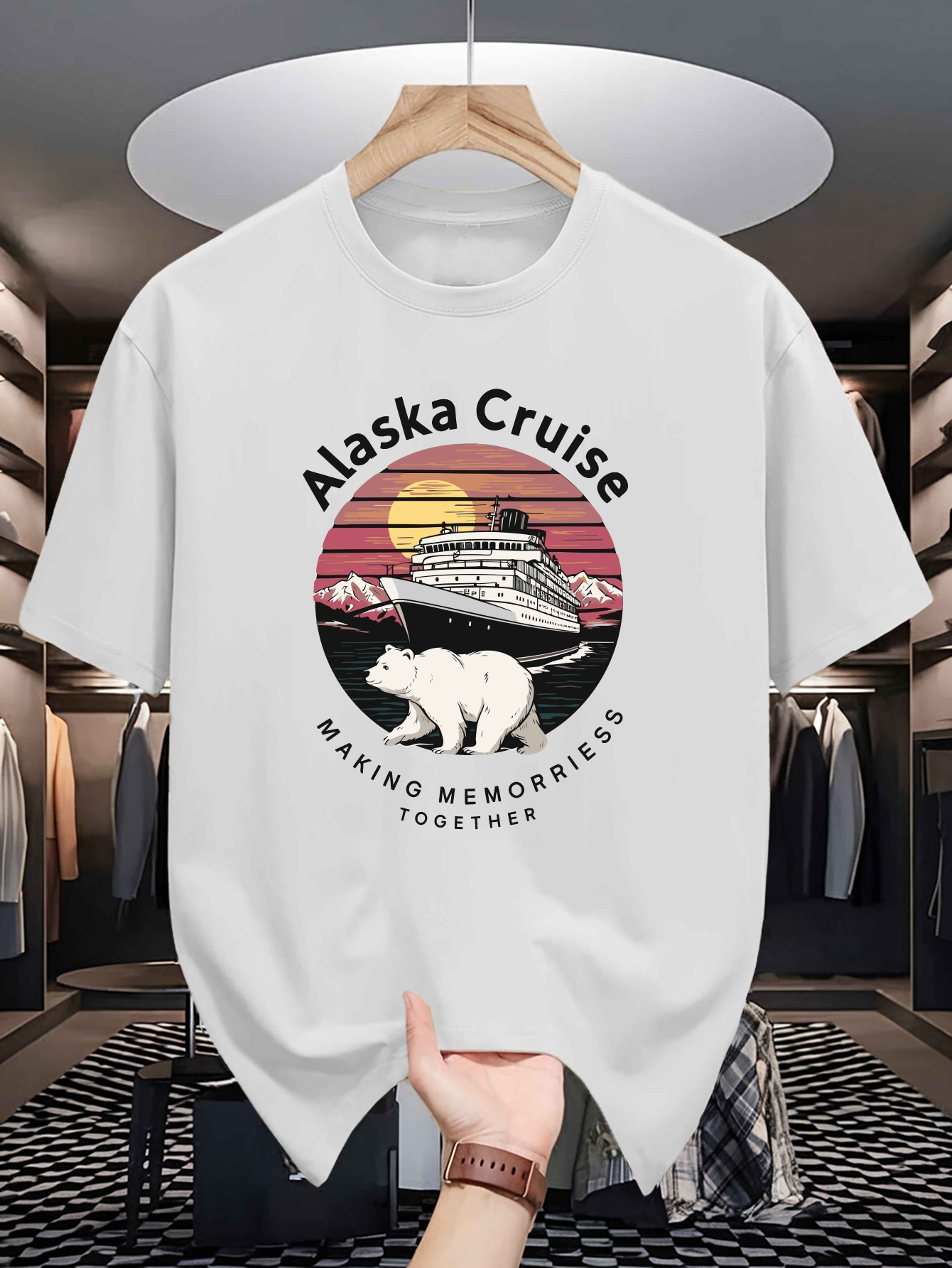 Men's Graphic T-Shirt Alaska Cruise Sunset River With Polar Bear Beside Voyage Ship
