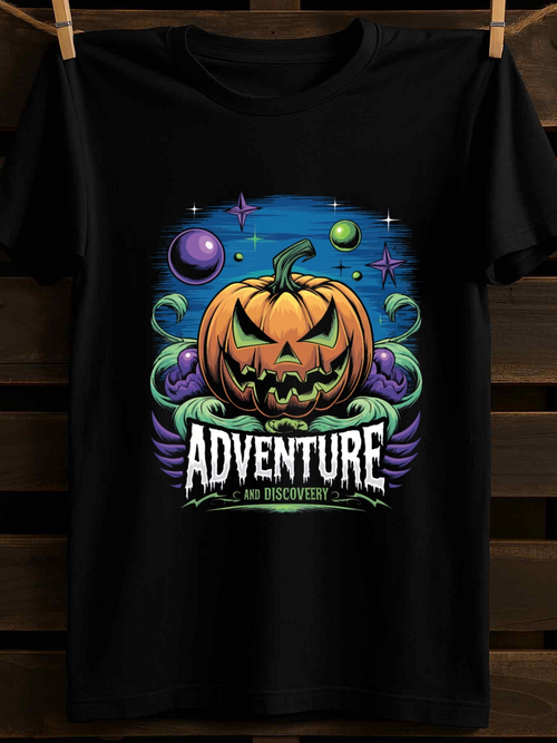 Men's Graphic T-Shirt Adventure Glowing Planets And Twisted Vines With Spooky Night Sky Pumpkin