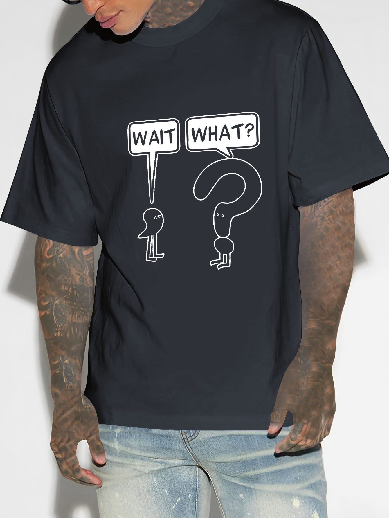 Men's Graphic T-Shirt Wait What Cartoon Characters With Speech Bubbles Standing In Conversation