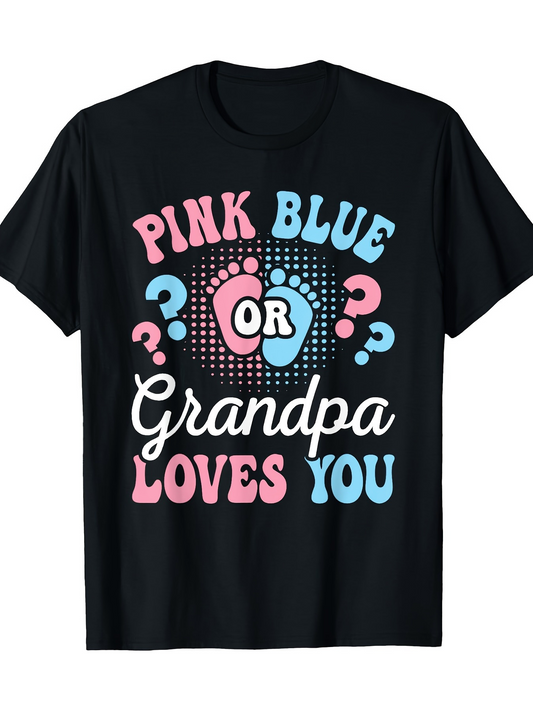 Men's Graphic T-Shirt Pink Blue Or Grandpa Loves You With Playful Footprints And Colorful Graphic Dots T Shirt