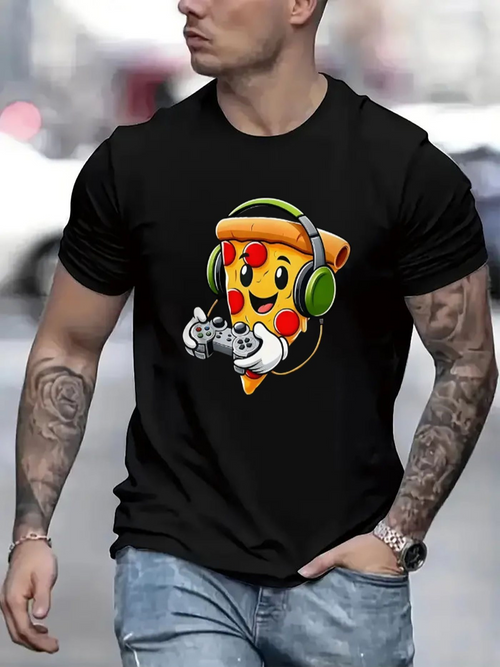 Men's Graphic T-Shirt Cheerful Slice Of Pizza With Headphones Playing Video Game