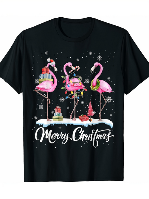 Men's Graphic T-Shirt Merry Christmas With Pink Flamingos Wearing Santa Hats On Snowy Night