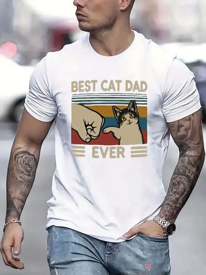 Men's Graphic T-Shirt Best Cat Dad Ever Vintage Stripes With Fist Bump Playful Cat