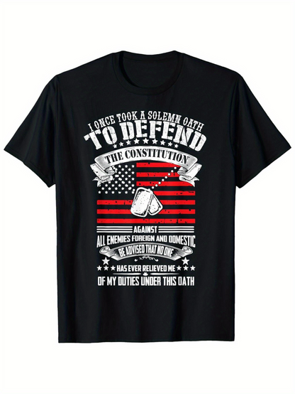 Men's Graphic T-Shirt Oath To Defend The Constitution Over American Flag With Banner And Gloves